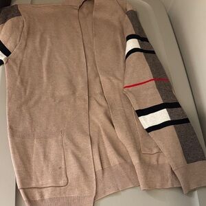 Burberry inspired Stylish Tan Cardigan with Striped Sleeves